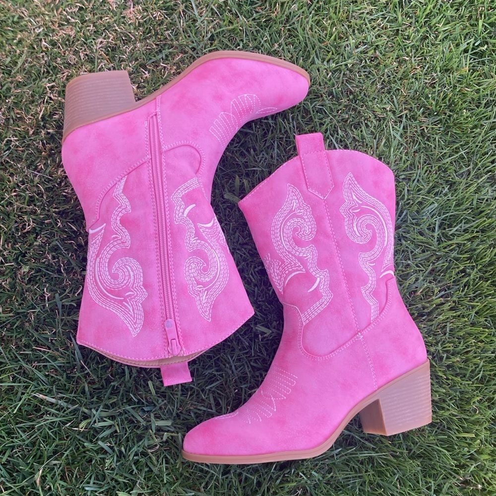 Women's Mid Calf The Western Cowgirl Boots Chunky Low Heel - Picture 2 of 16